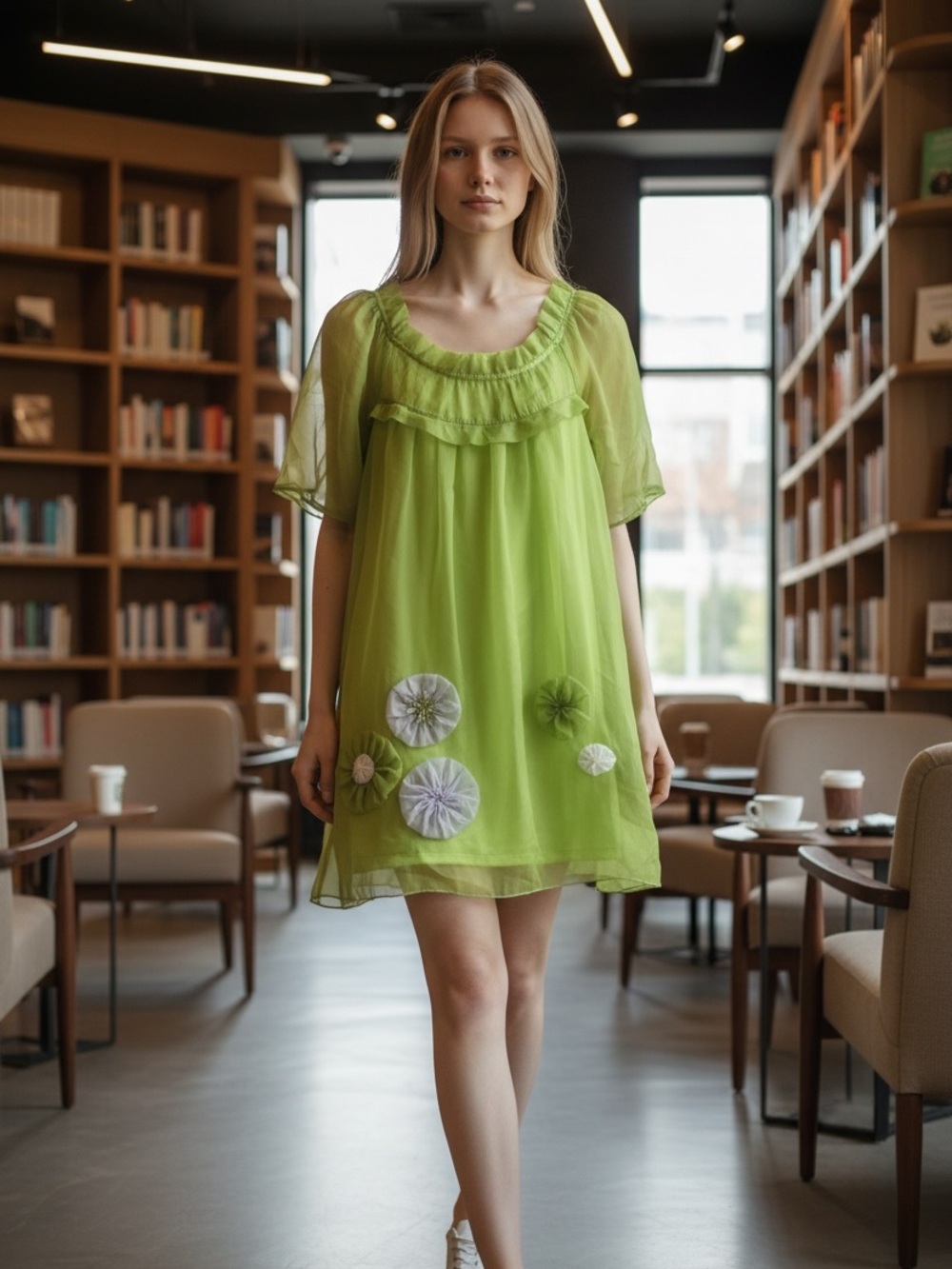 Lucy Paris Lime Green Ruffle-Yoke Mini Dress